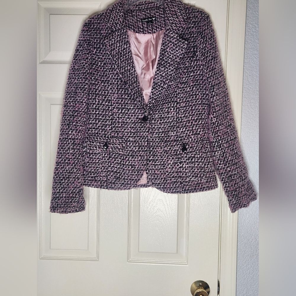 Double Zero L Black Pink Pockets 1 Button WOOL Blend Lined Tweed Women's Blazer